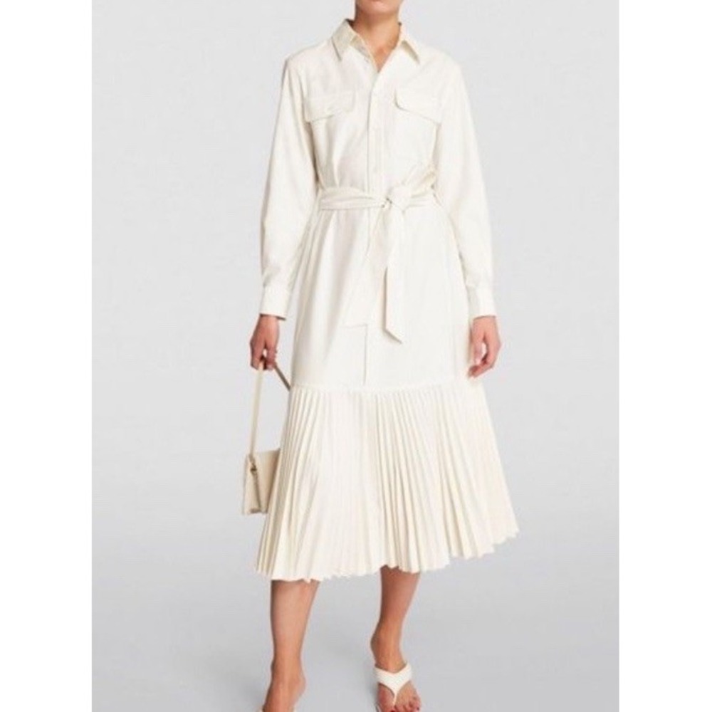 POLO Ralph Lauren Shirt Dress Belted Split Hem Size 4 Pleated Lower Hem Ivory‎ - Picture 12 of 12